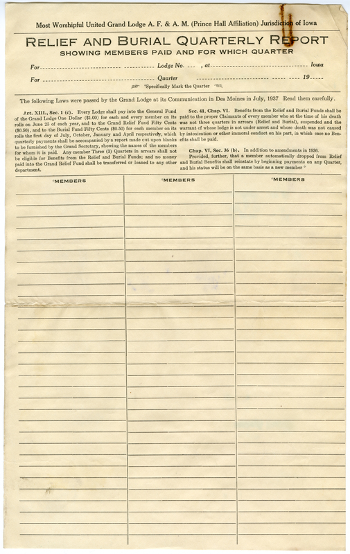 Blank form for reporting dues for the Burial and Grand Relief funds, with relevant laws describing how to benefit from them.