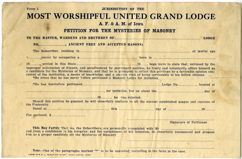 Blank form for masonic initiation.