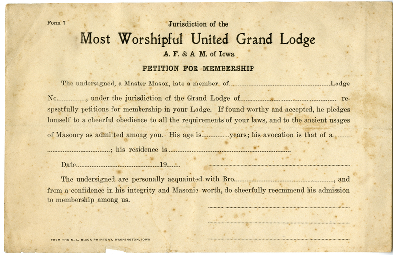 Blank form asking to join a Grand Lodge.
