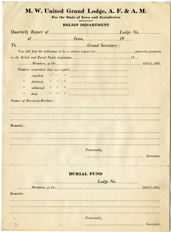 Blank form for reporting dues for the Burial and Relief funds.