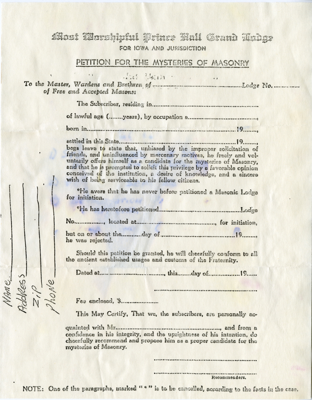 Blank form for masonic initiation, including address, zip code, and phone number.