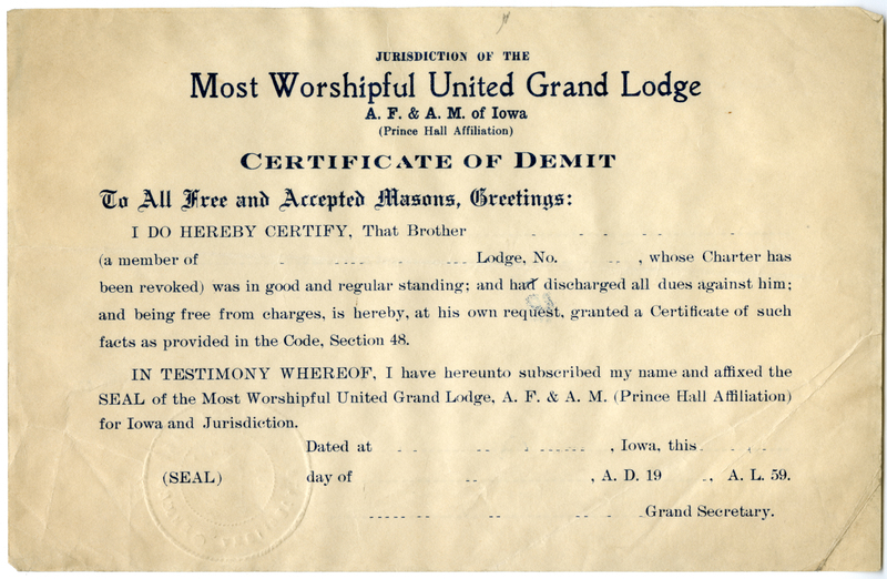 Blank form for certificate of dimit.