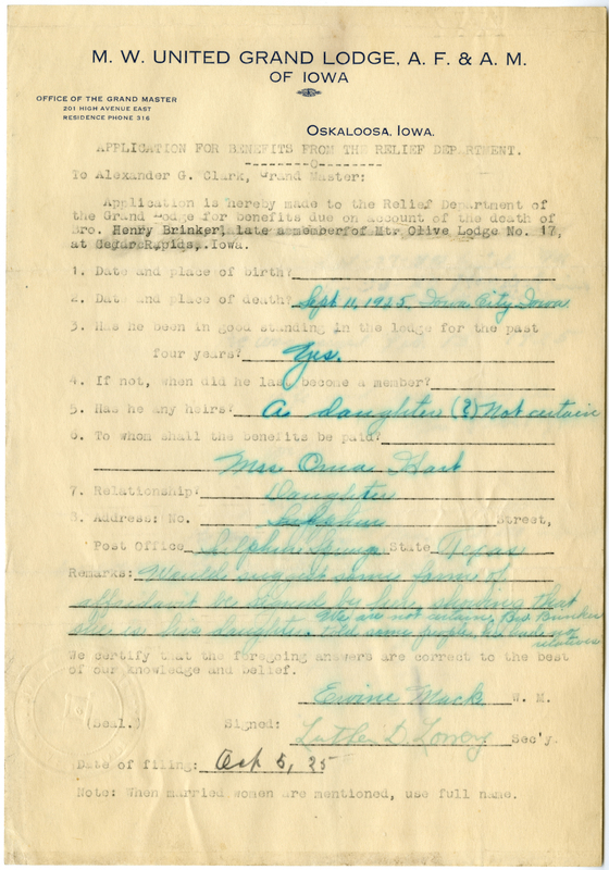 Application for benefit funds from Relief Department on behalf of Henry Brinker of Mt. Olive Lodge #17. Died September 11th, 1925.