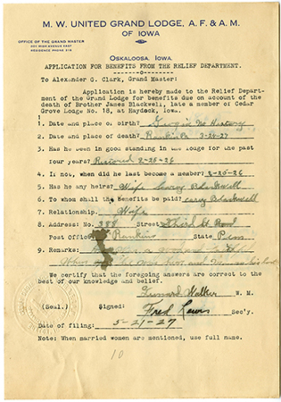 Application for benefit funds from Relief Department on behalf of James Blackwell of Cedar Grove Lodge #18. Died March 24th, 1927.