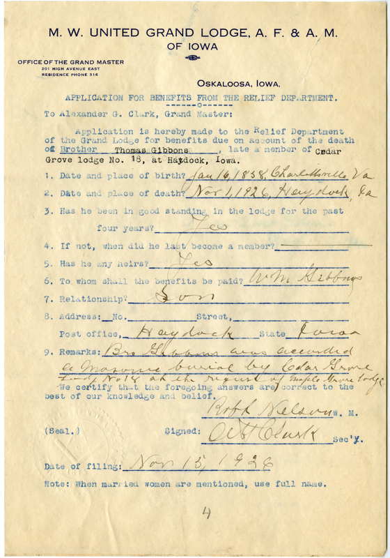 Application for benefit funds from Relief Department on behalf of Thomas Gibbons of Cedar Grove Lodge #18. Died November 1st, 1926.