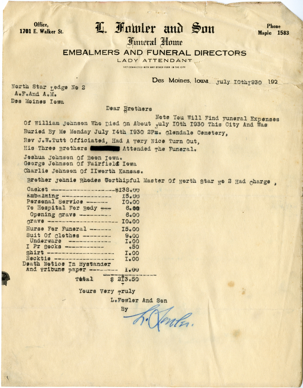 Lists pricing for specific funeral services for the late William Johnson, died July 10th, 1930. Also names Johnie Rhodes, Whorshipful Master of North Star Lodge #2.