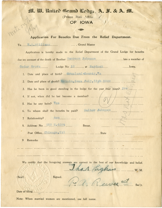 Application for benefit funds from Relief Department on behalf of Sampson Johnson of Cedar Grove Lodge #18. Died July 11th, 1929.