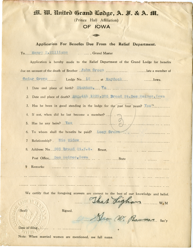 Application for benefit funds from Relief Department on behalf of John Green of Cedar Grove Lodge #18. Died August 4th, 1929.