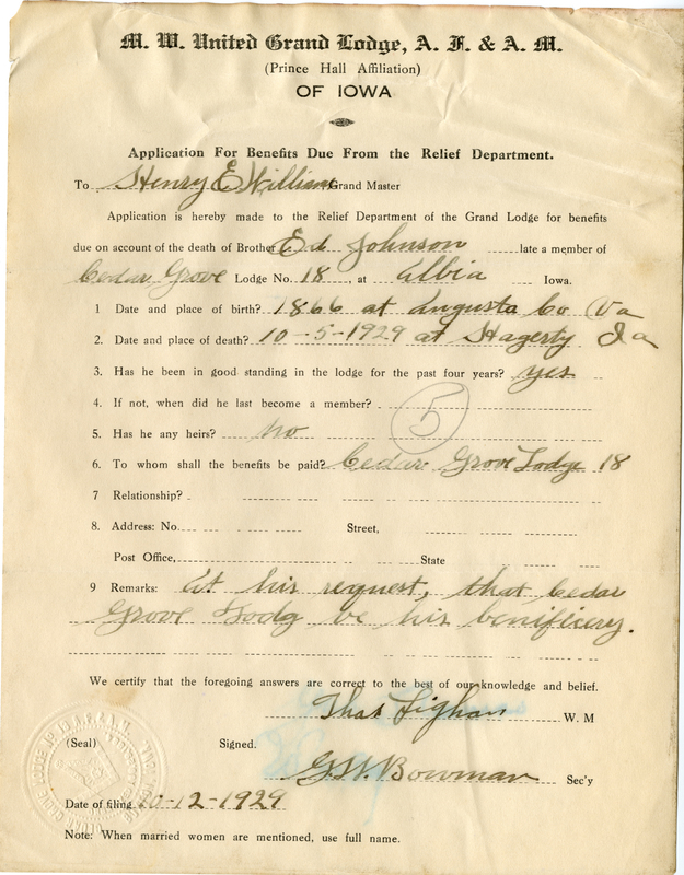 Application for benefit funds from Relief Department on behalf of Ed Johnson of Cedar Grove Lodge #18. Died October 5th, 1929.