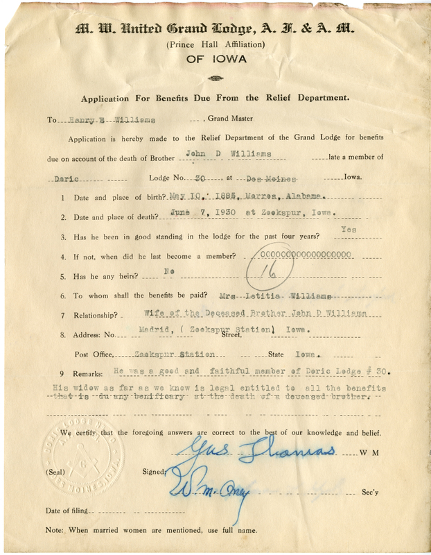 Application for benefit funds from Relief Department on behalf of John D. Williams of Doric Lodge #30. Died June 7th, 1930.