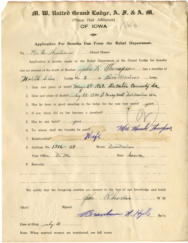 Application for benefit funds from Relief Department on behalf of John L. Thompson of North Star Lodge #2. Died July 22nd, 1930.