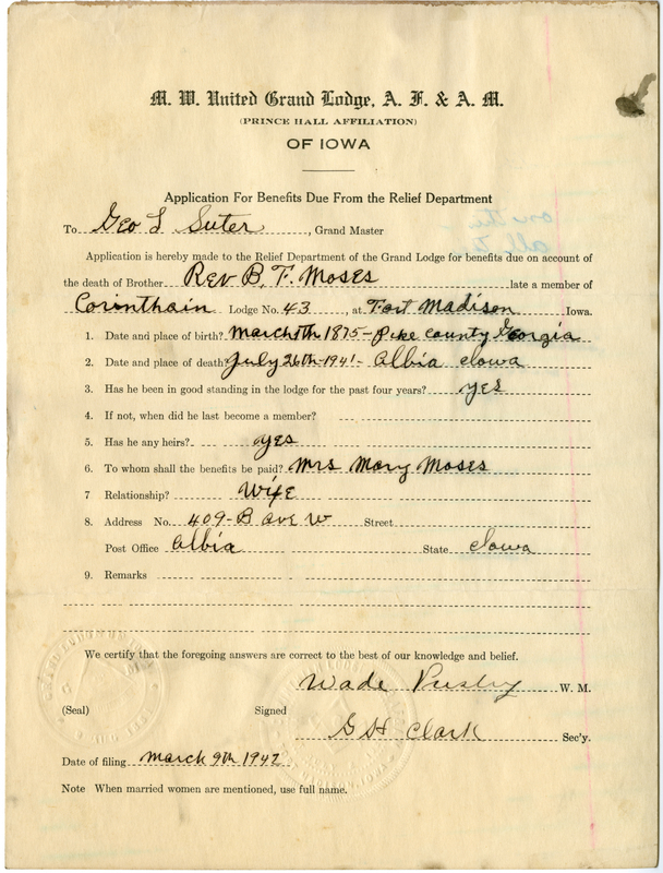 Application for benefit funds from Relief Department on behalf of Reverend B. T. Moses of Corinthian Lodge #43. Died July 26th, 1941.