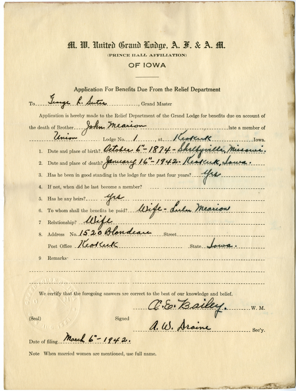 Application for benefits from Relief Department on behalf of John Mearion of Union Lodge #1. Died January 16th, 1942.
