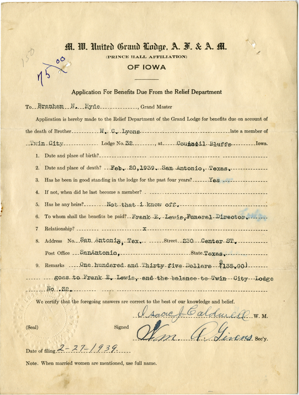 Application for benefits from Relief Department on behalf of W. C. Lyons of Twin City Lodge #32. Died February 20th, 1939.