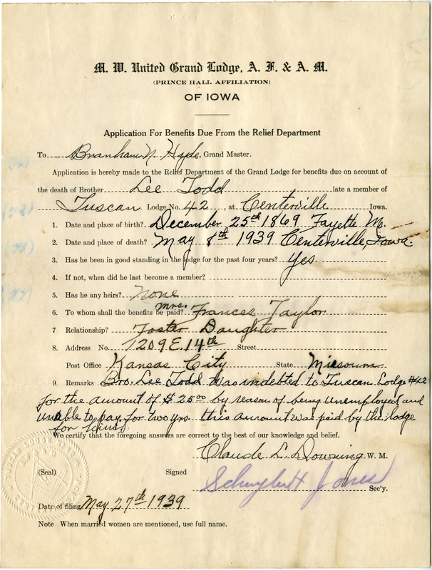 Application for benefits from Relief Department on behalf of Lee Todd of Tuscan Lodge #42. Died May 8th, 1939.