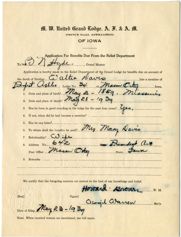 Application for benefit funds from Relief Department on behalf of Walter Davis of Perfect Ashler Lodge #34. Died May 28th, 1939.