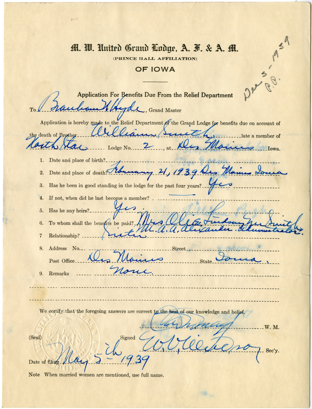 Application for benefit funds from Relief Department on behalf of William Smith of North Star Lodge #2. Died February 21, 1939.