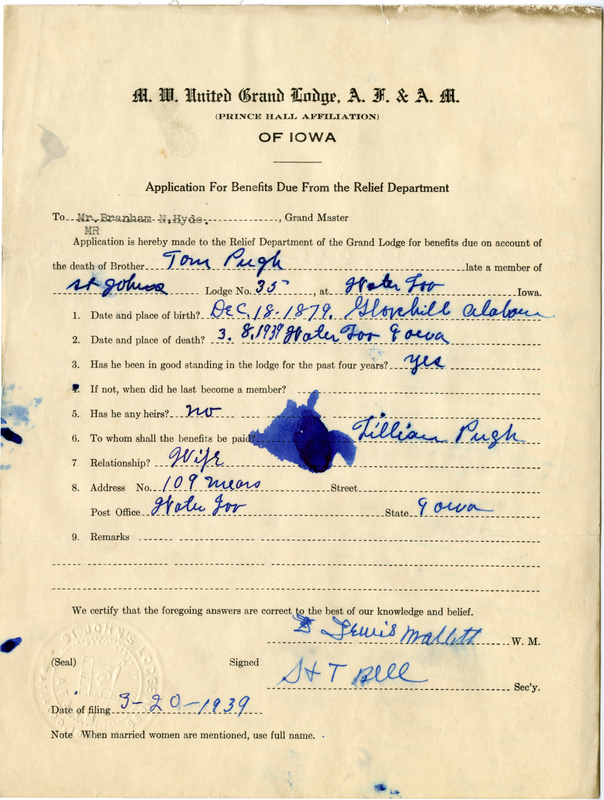 Application for benefit funds from Relief Department on behalf of Tom Pugh of St. John's Lodge #35. Died March 8th, 1939.