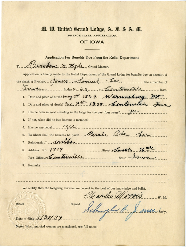 Application for benefit funds from Relief Department on behalf of James Samuel Lee of Tuscan Lodge #42. Died December 30th, 1938.