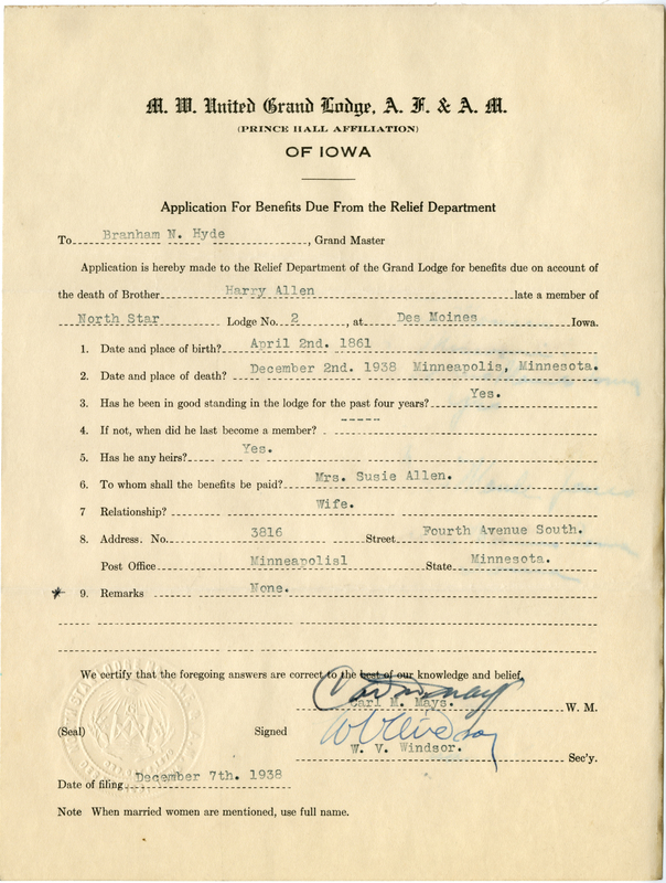 Application for benefit funds from Relief Department on behalf of Harry Allen of North Star Lodge #2. Died December 2nd, 1938.