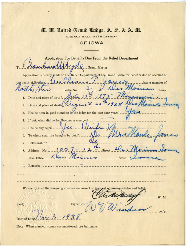 Application for benefit funds from Relief Department on behalf of William T. Jones of North Star Lodge #2. Died August 20th, 1938.