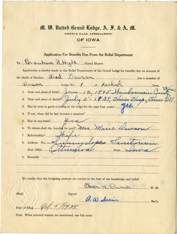 Application for benefit funds from Relief Department on behalf of Fred Dawson of Union Lodge #1. Died July 5th, 1938.