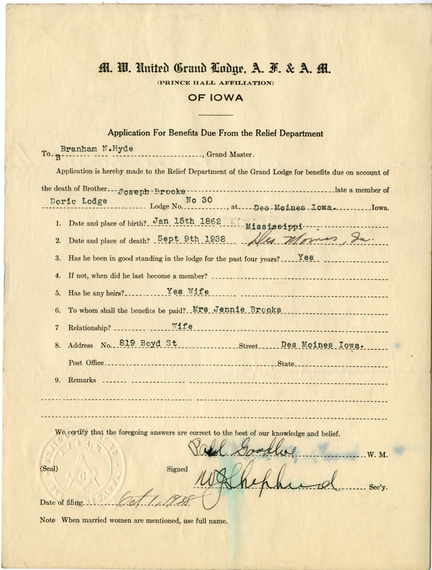 Application for benefit funds from Relief Department on behalf of Joseph Brooks of Doric Lodge #30. Died September 9th, 1938.