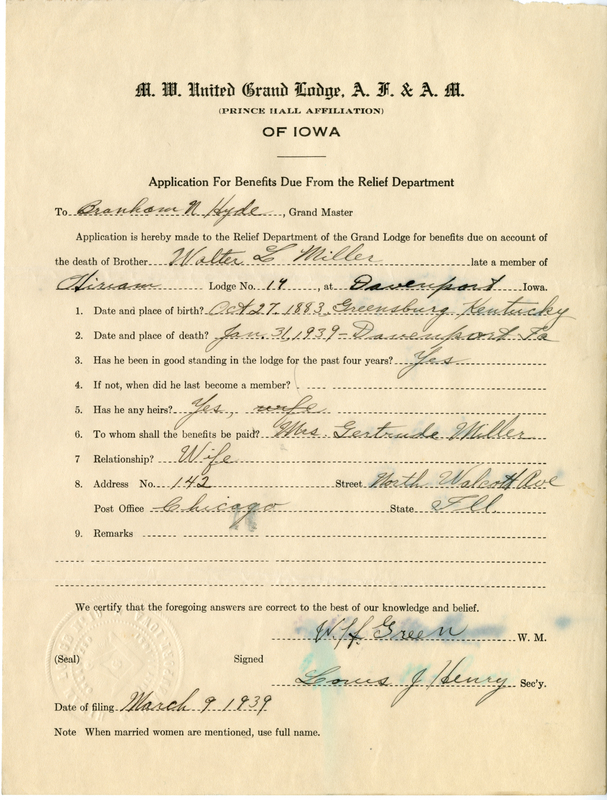 Application for benefit funds from Relief Department on behalf of Walter L. Miller of Hiram Lodge #14. Died January 31st, 1939.