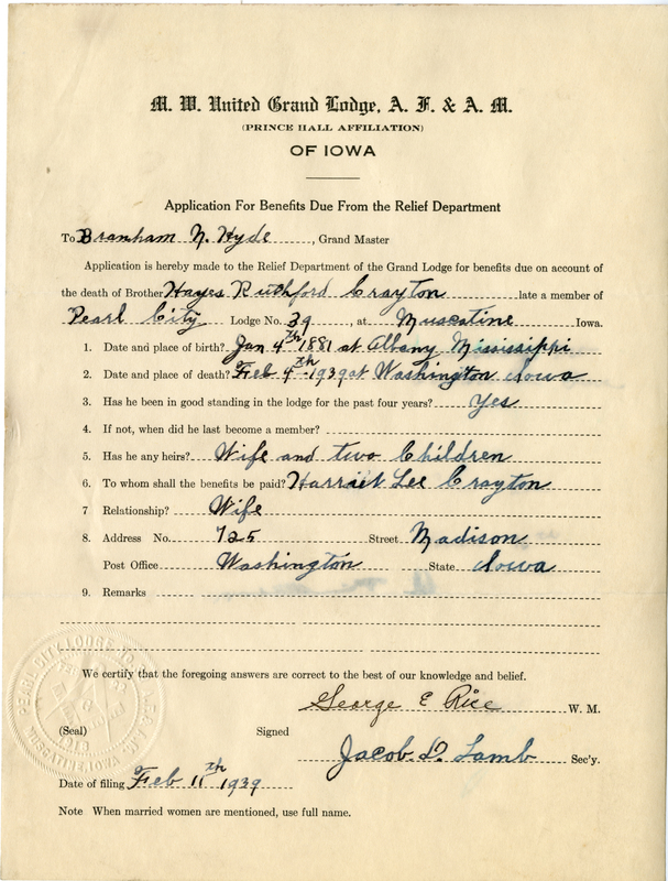 Application for benefit funds from Relief Department on behalf of Hayes Rutherford Crayton of Pearl City Lodge #39. Died February 4th, 1939.