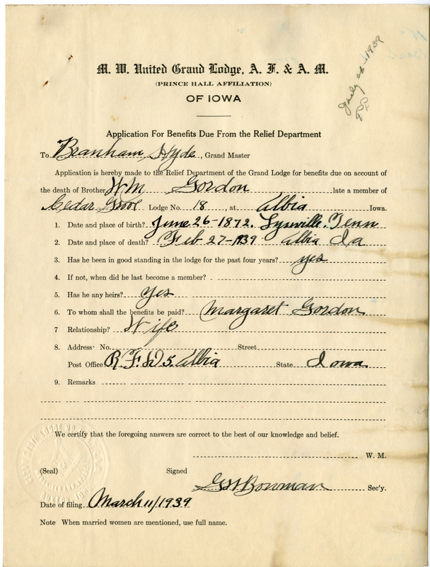 Application for benefit funds from Relief Department on behalf of Wm Gordon of Cedar Grove Lodge #18. Died February 27, 1939.