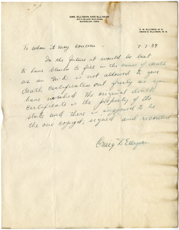 Letter written by Craig T. Ellyson describing the procedure for requesting cause of death or death certificates for decedents.