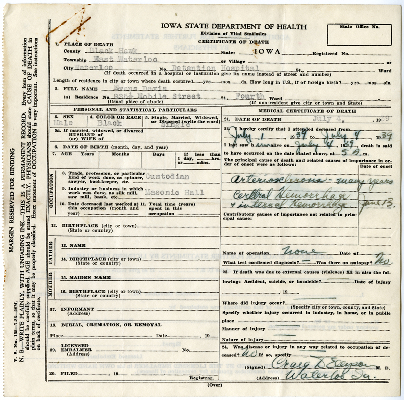 Unofficial death certificate for Evans Davis.