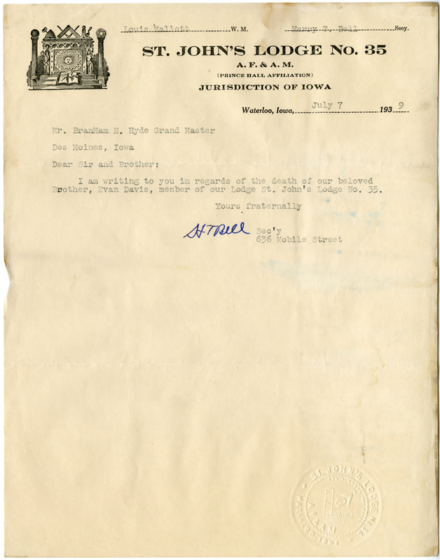 St. John's Lodge #35 Secretary informing Grand Master Branham N. Hyde of the death of Brother Evans Davis.