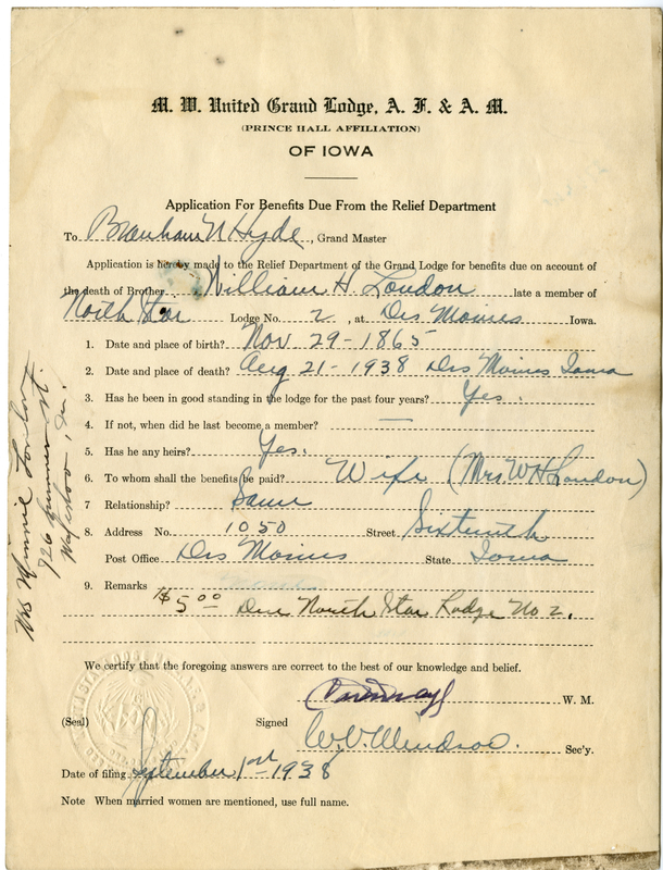 Application for benefit funds from Relief Department on behalf of William H. London of North Star Lodge #2. Died August 21st, 1938.