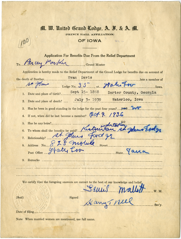 Application for benefit funds from Relief Department on behlaf of Evans Davis of St. John's Lodge #35. Died July 3rd, 1939.