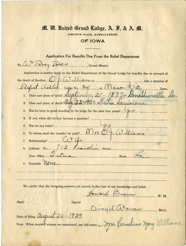 Application for benefit funds from Relief Department on behalf of O.J. Williams of Perfect Ashler Lodge #34. Died August 22nd, 1939.