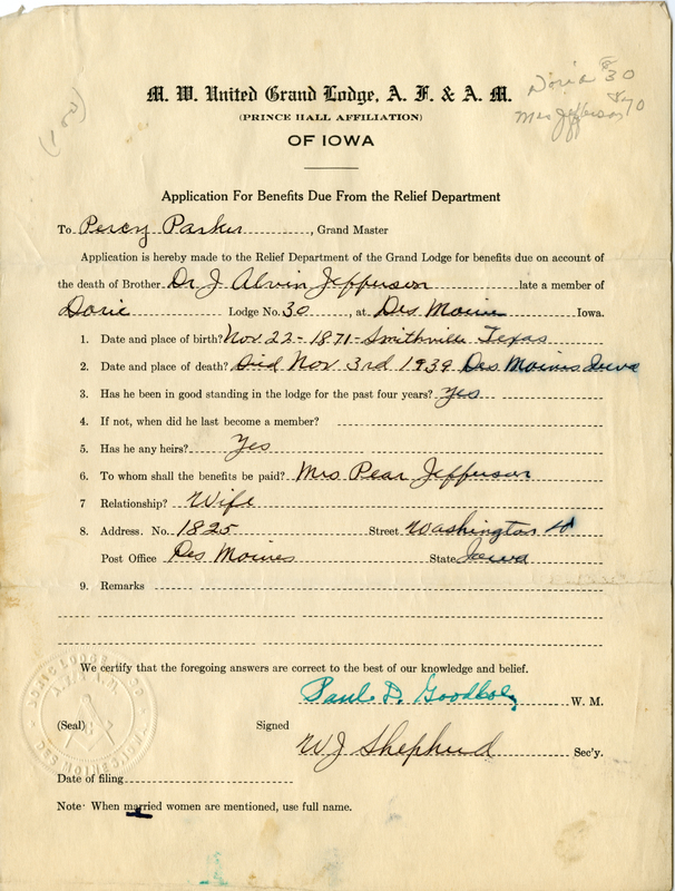 Application for benefit funds from Relief Department on behalf of Dr. J. Alvin Jefferson of Doric Lodge #30. Died November 3rd, 1939.