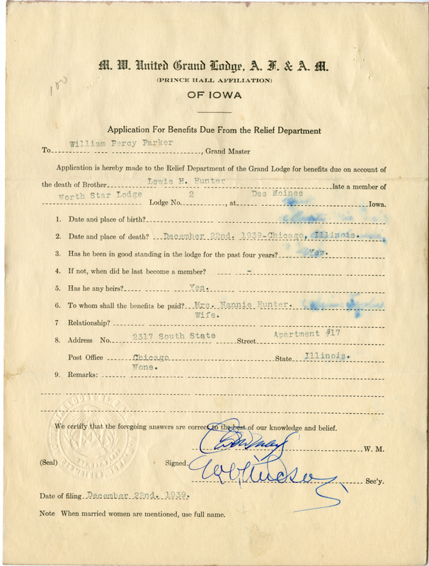 Application for benefit funds from Relief Department on behalf of Lewis H. Hunter of North Star Lodge #2. Died December 22nd, 1939.