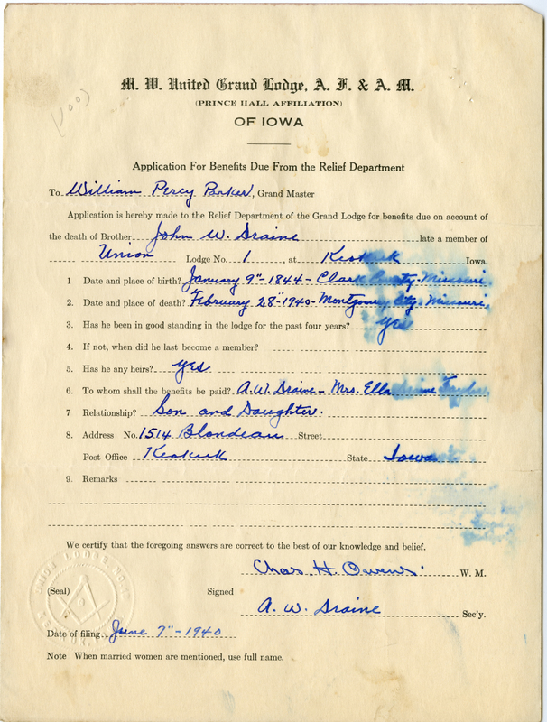 Application for benefit funds from Relief Department on behalf of John W. Draine(?) of Union Lodge #1. Died February 28th, 1940.
