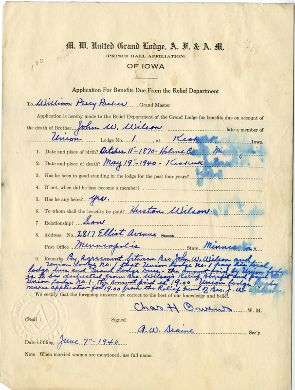 Application for benefit funds from Relief Department on behalf of John. W. Wilson of Union Lodge #1. Died May 19th, 1940.