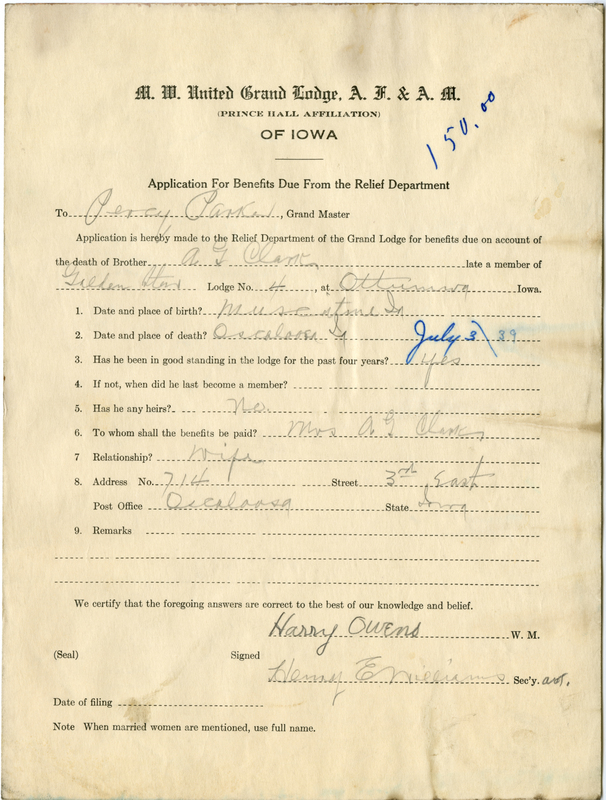 Application for benefit funds from Relief Department on behalf of A. G. Clark of Golden Star Lodge #4. Died July 3rd, 1939.