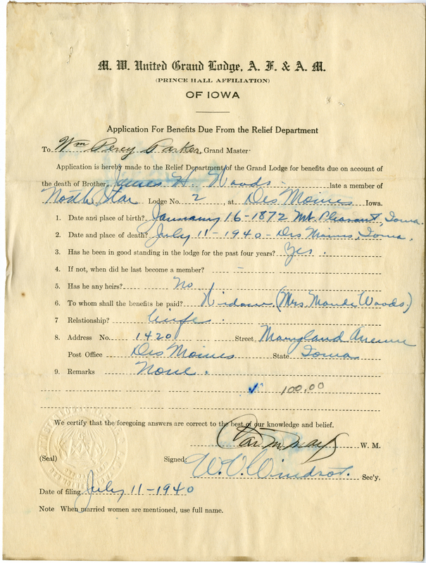 Application for benefit funds from Relief Department on behalf of James A. Woods of North Star Lodge #2. Died July 11th, 1940.