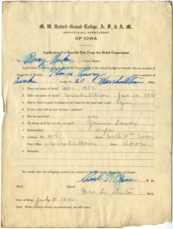 Application for benefit funds from Relief Department on behalf of Thomas Lowery (Lowry?) of Eureka Lodge #20. Died january 10th, 1941.