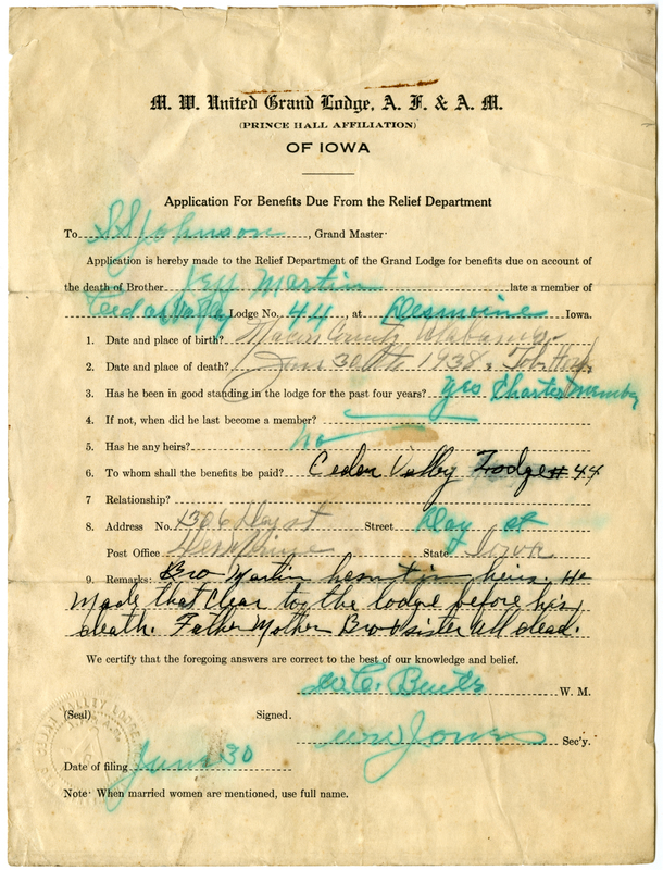 Application for benefit funds from Relief Department on behalf of Jeff Martin of Cedar Valley Lodge #44. Died January 30th, 1938.