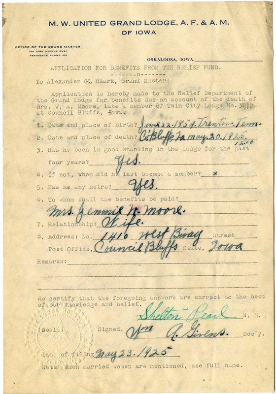 Application for benefits from Relief Fund on behalf of W. A. Moore of Twin City Lodge #32. Died May 20th,1925.