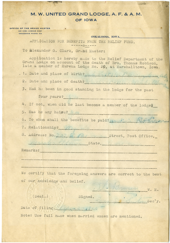 Application for benefits from Relief Fund on behalf of Thomas Robison of Eureka Lodge #20. Died March 25th, 1925.
