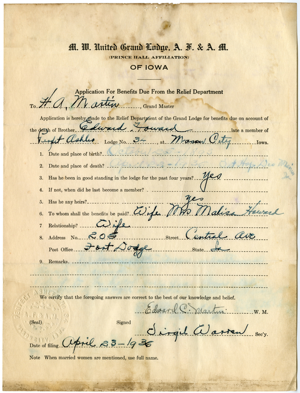 Application for benefit funds from Relief Department on behalf of Edward Howard of Perfect Ashler Lodge #34. Died April 22nd, 1936.