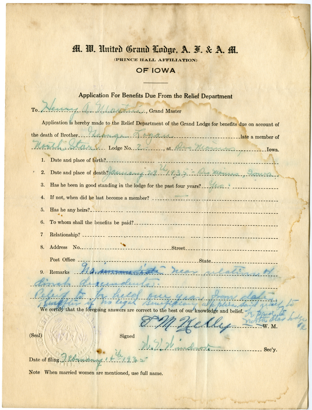Application for benefit funds from Relief Department on behalf of George Logan of North Star Lodge #2. Died January 29th, 1935.