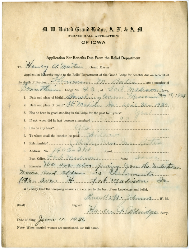 Application for benefit funds from Relief Department on behalf of Thurman M. Bates of Corinthian Lodge #43. Died April 30th, 1936.