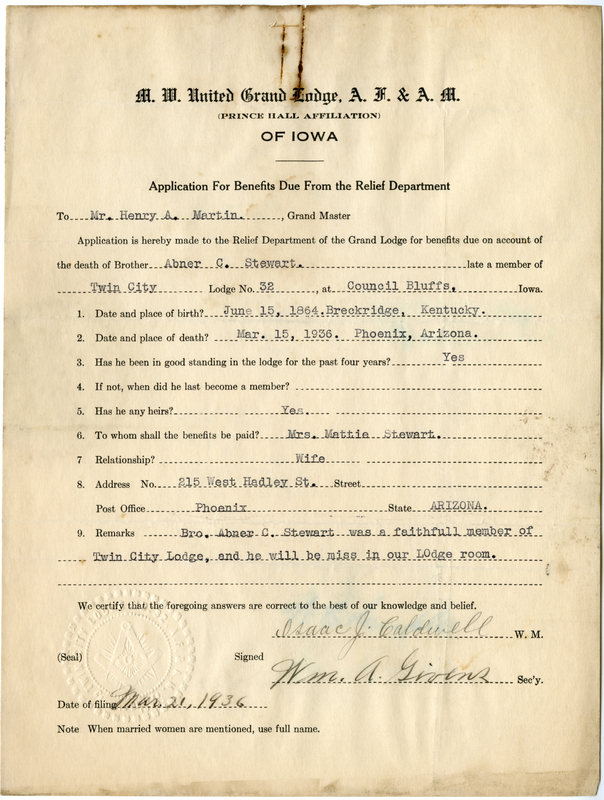 Application for benefit funds from Relief Department on behalf of Abner C. Stewart of Twin City Lodge #32. Died March 15th, 1936.